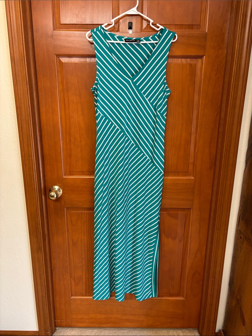Nina Leonard Teal & White Sleeveless Striped Maxi Dress